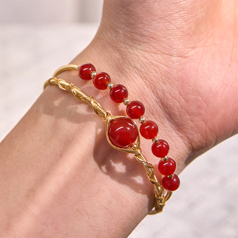 Fortune Jewel 14K Gold Filled Copper Natural Red Agate Beads Confidence Metal Cuff Bracelet Bangle