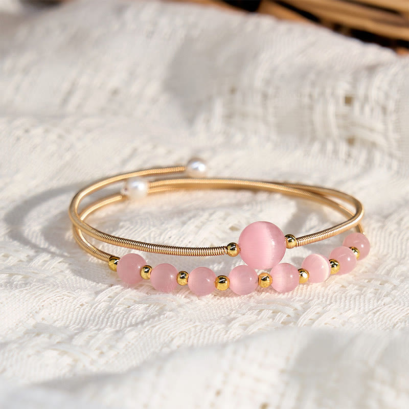 Buddha Stones 14K Gold Filled Copper Pink Cat Eye Support Metal Cuff Bracelet Bangle