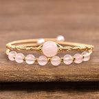 Fortune Jewel Natural Rose Quartz Love Healing Metal Cuff Bracelet Bangle
