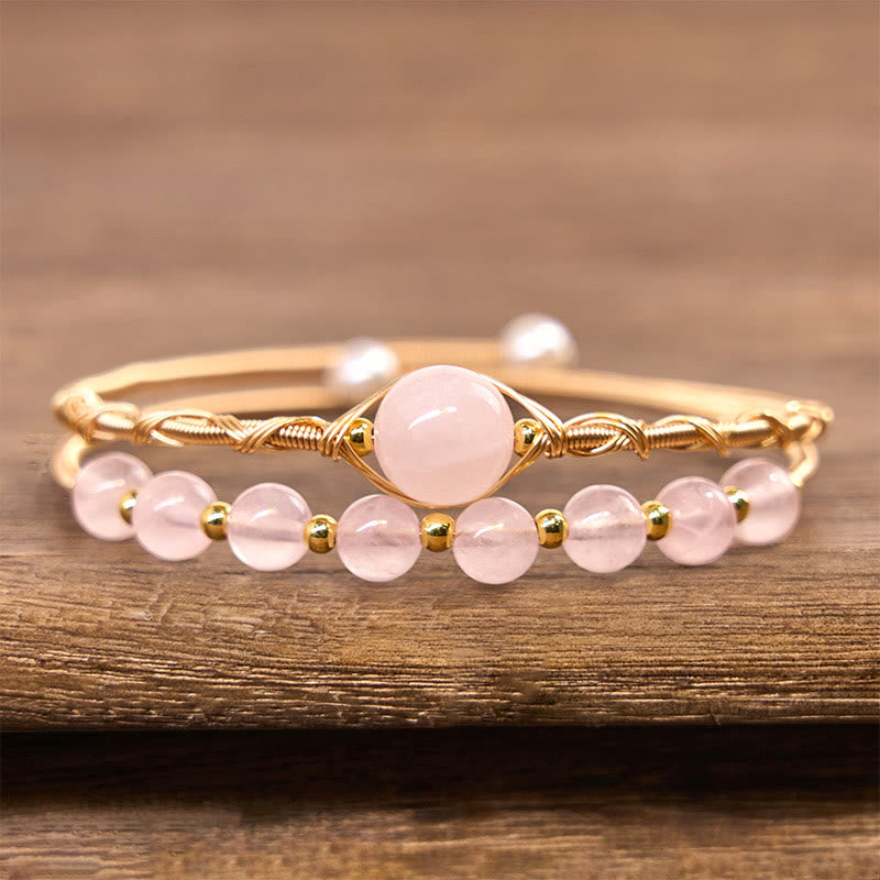 Fortune Jewel Natural Rose Quartz Love Healing Metal Cuff Bracelet Bangle