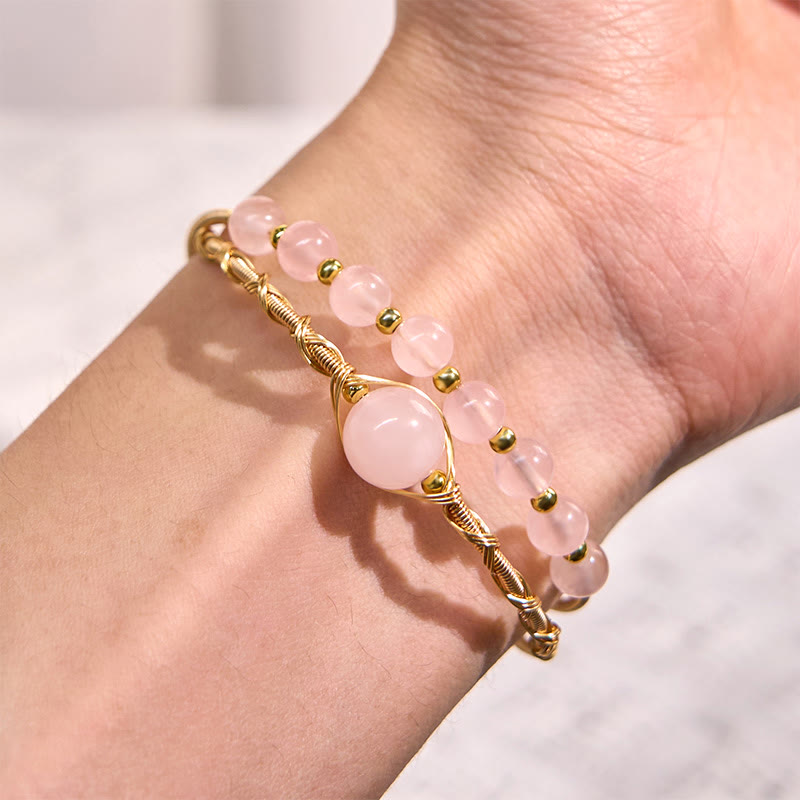 Fortune Jewel Natural Rose Quartz Love Healing Metal Cuff Bracelet Bangle
