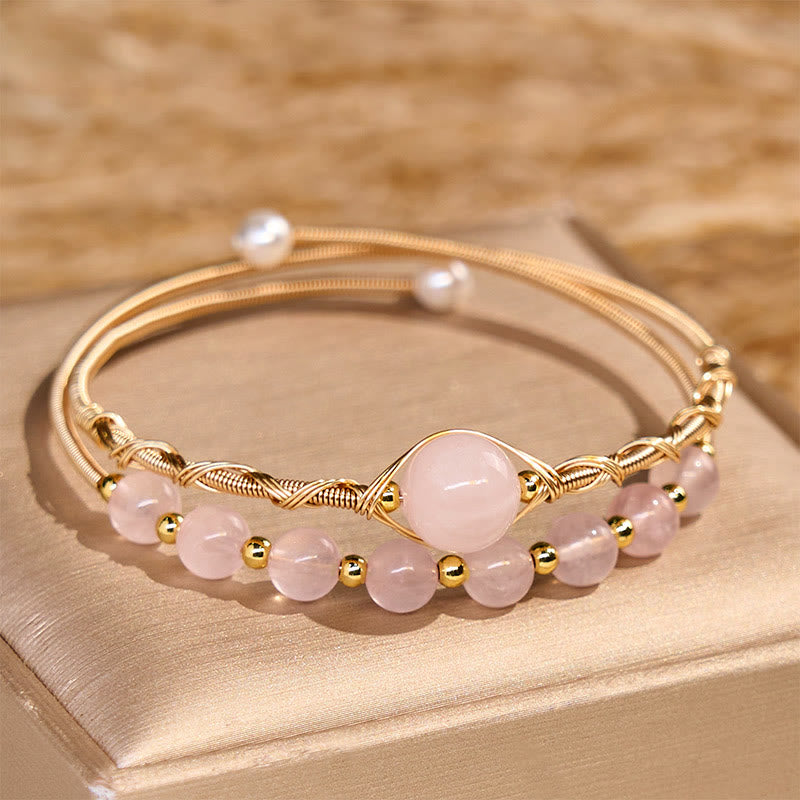 Fortune Jewel Natural Rose Quartz Love Healing Metal Cuff Bracelet Bangle