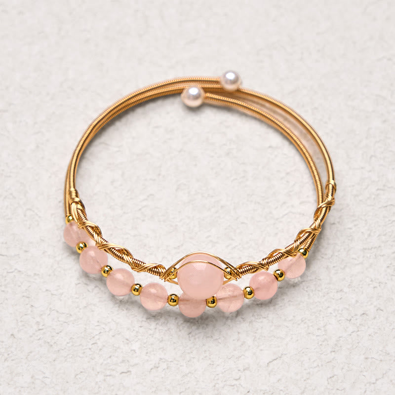 Fortune Jewel Natural Rose Quartz Love Healing Metal Cuff Bracelet Bangle