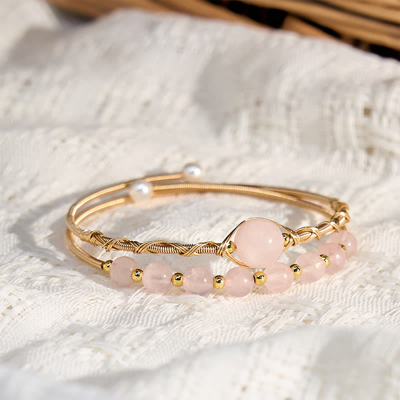 Fortune Jewel Natural Rose Quartz Love Healing Metal Cuff Bracelet Bangle