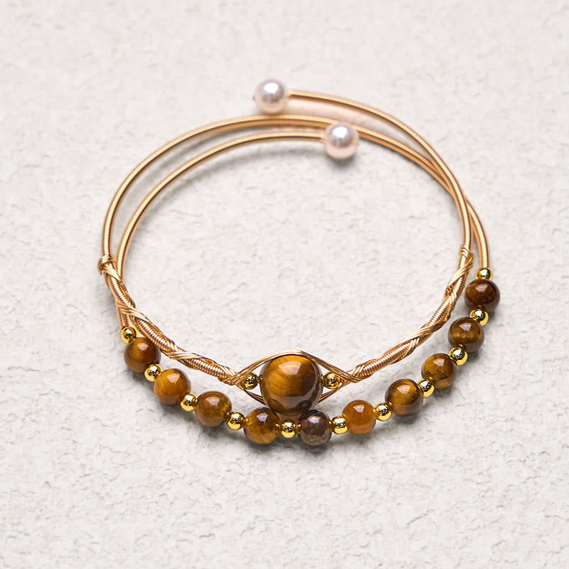 Fortune Jewel 14K Gold Filled Copper Natural Tiger Eye Protection Metal Cuff Bracelet Bangle