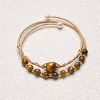 Fortune Jewel 14K Gold Filled Copper Natural Tiger Eye Protection Metal Cuff Bracelet Bangle