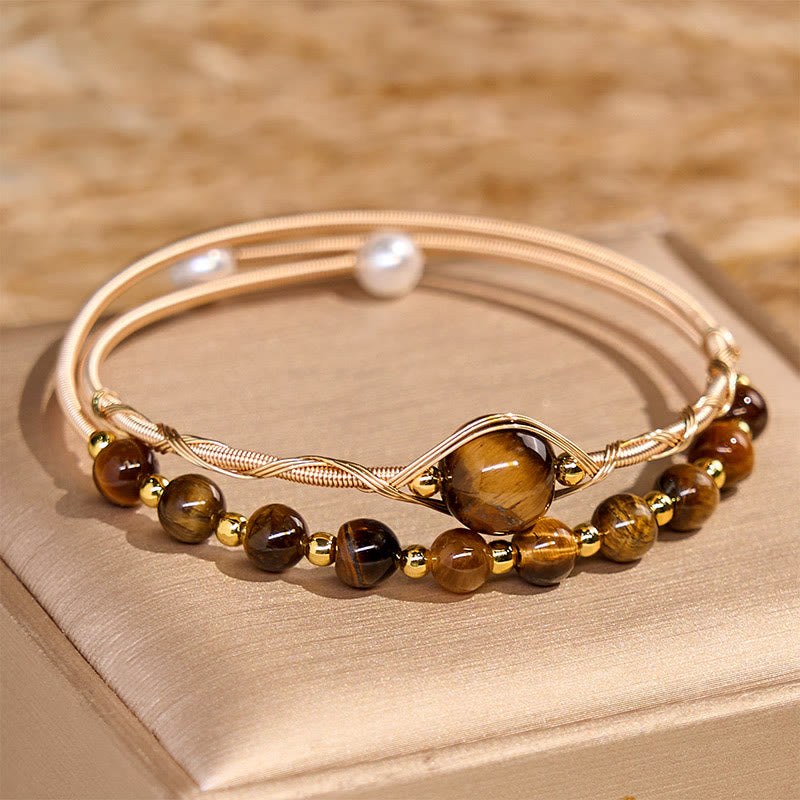 Fortune Jewel 14K Gold Filled Copper Natural Tiger Eye Protection Metal Cuff Bracelet Bangle