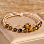 Fortune Jewel 14K Gold Filled Copper Natural Tiger Eye Protection Metal Cuff Bracelet Bangle