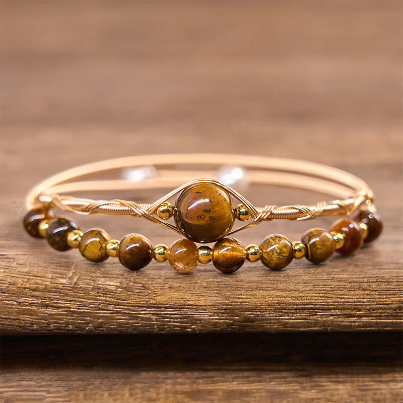 Fortune Jewel 14K Gold Filled Copper Natural Tiger Eye Protection Metal Cuff Bracelet Bangle