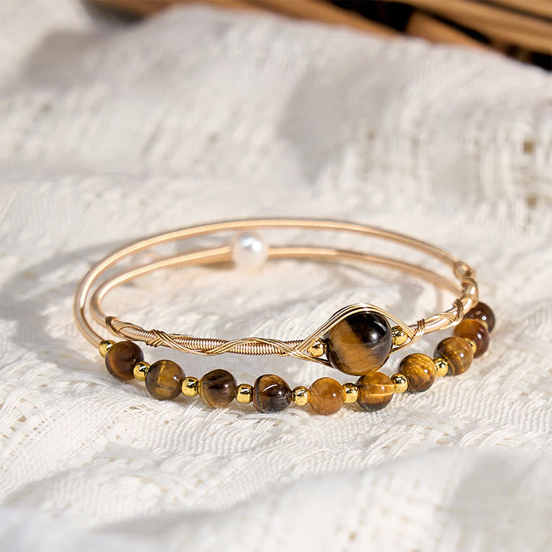 Fortune Jewel 14K Gold Filled Copper Natural Tiger Eye Protection Metal Cuff Bracelet Bangle