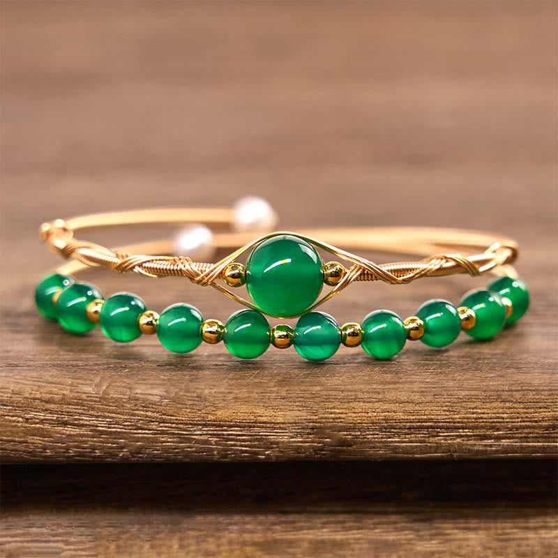 Fortune Jewel 14K Gold Filled Copper Natural Green Agate Power Metal Cuff Bracelet Bangle