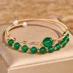 Fortune Jewel 14K Gold Filled Copper Natural Green Agate Power Metal Cuff Bracelet Bangle