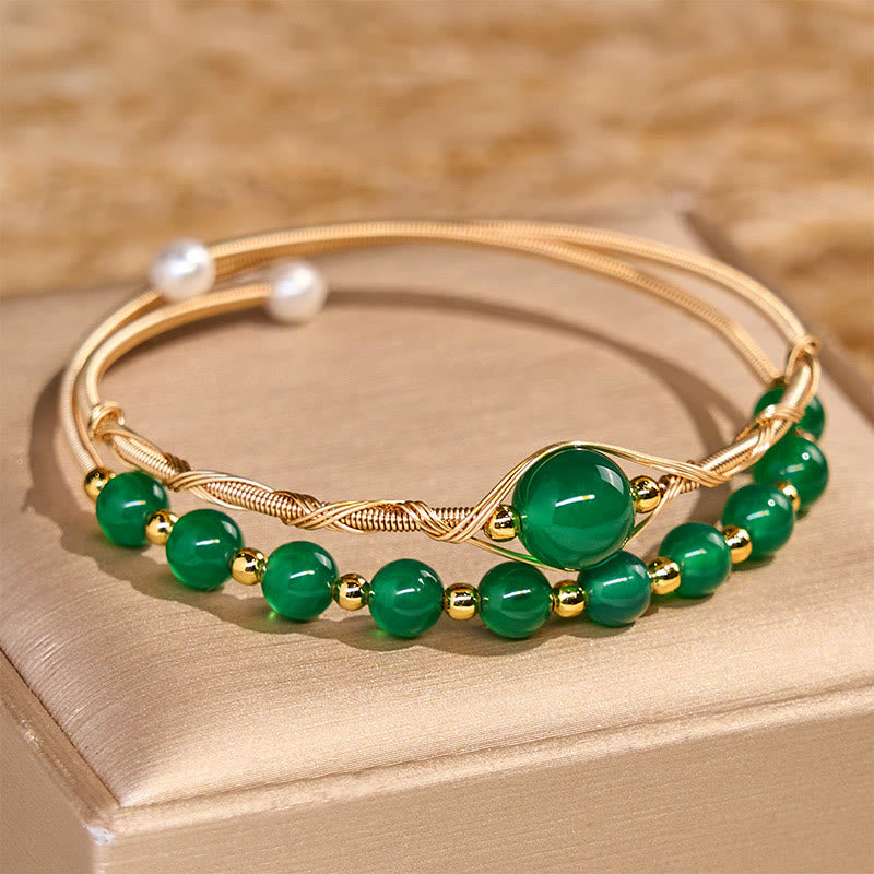 Fortune Jewel 14K Gold Filled Copper Natural Green Agate Power Metal Cuff Bracelet Bangle