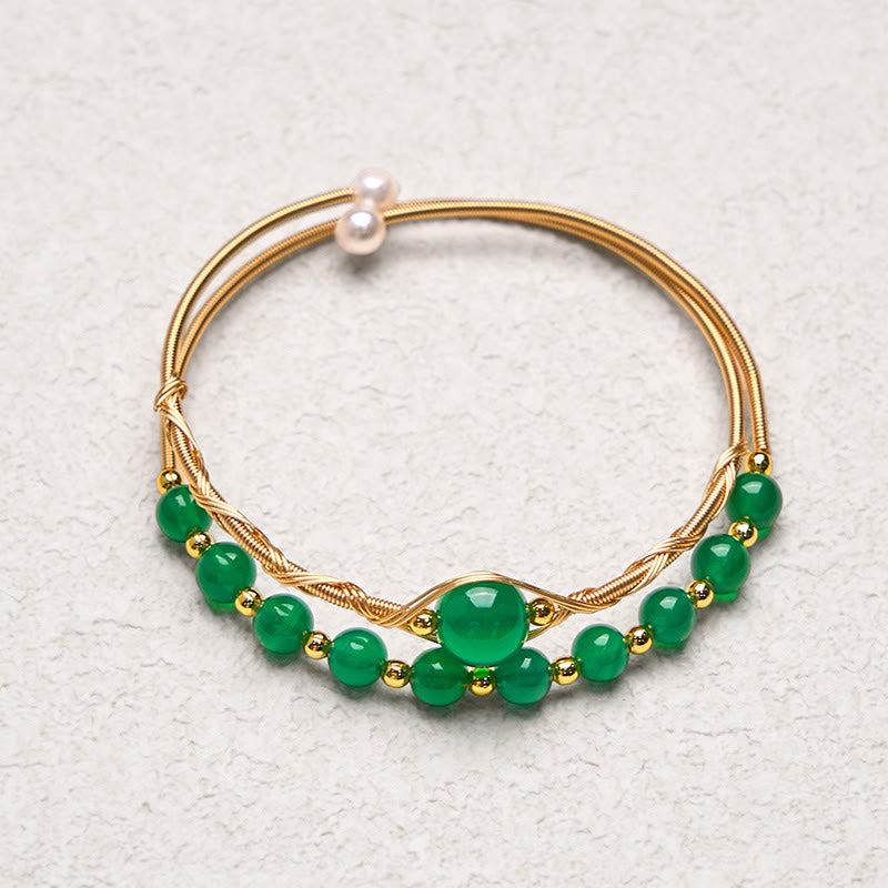 Fortune Jewel 14K Gold Filled Copper Natural Green Agate Power Metal Cuff Bracelet Bangle