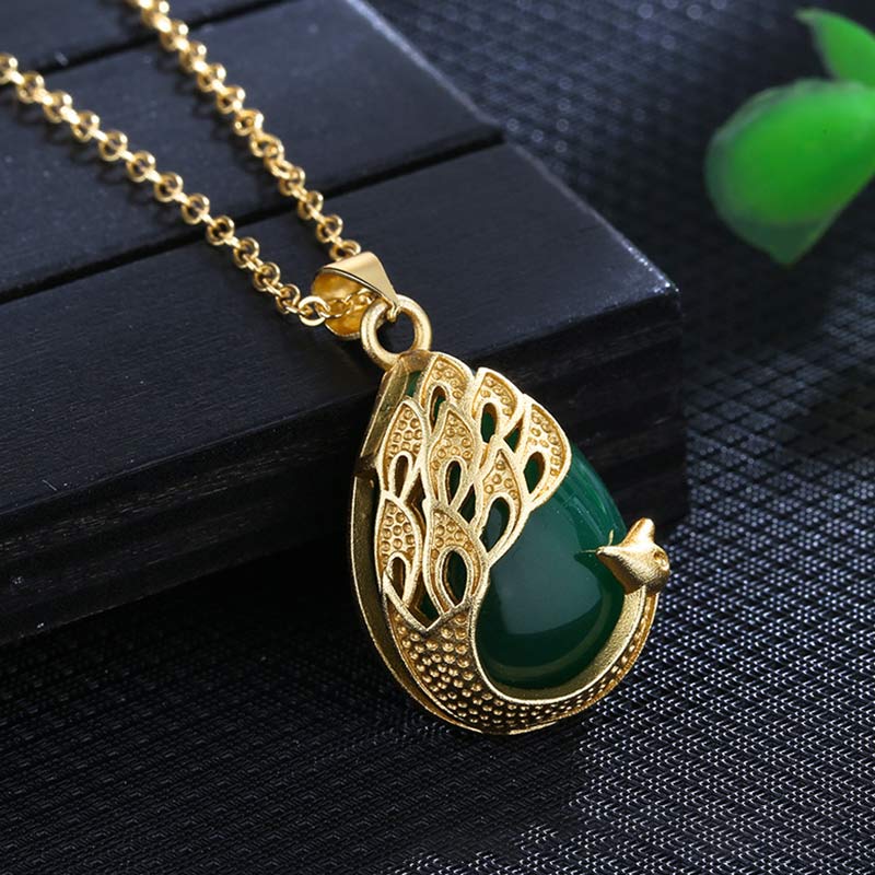 Fortune Jewel Pink Crystal Green Chalcedony Peacock Copper Soothing Love Necklace Pendant