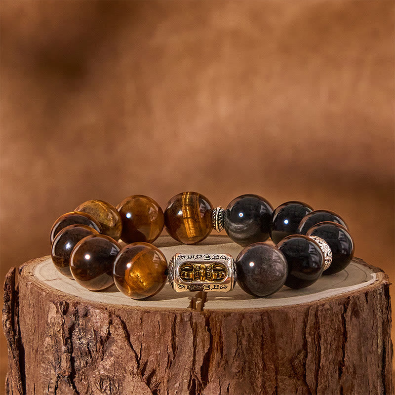 Fortune Jewel Natural Silver Sheen Obsidian Tiger Eye Vajra Protection Bracelet