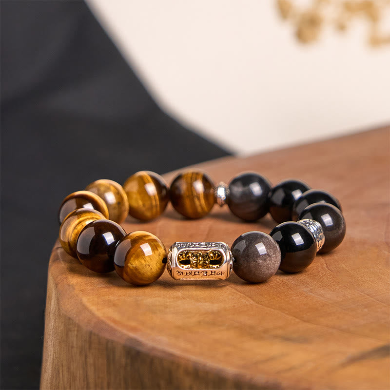 Fortune Jewel Natural Silver Sheen Obsidian Tiger Eye Vajra Protection Bracelet
