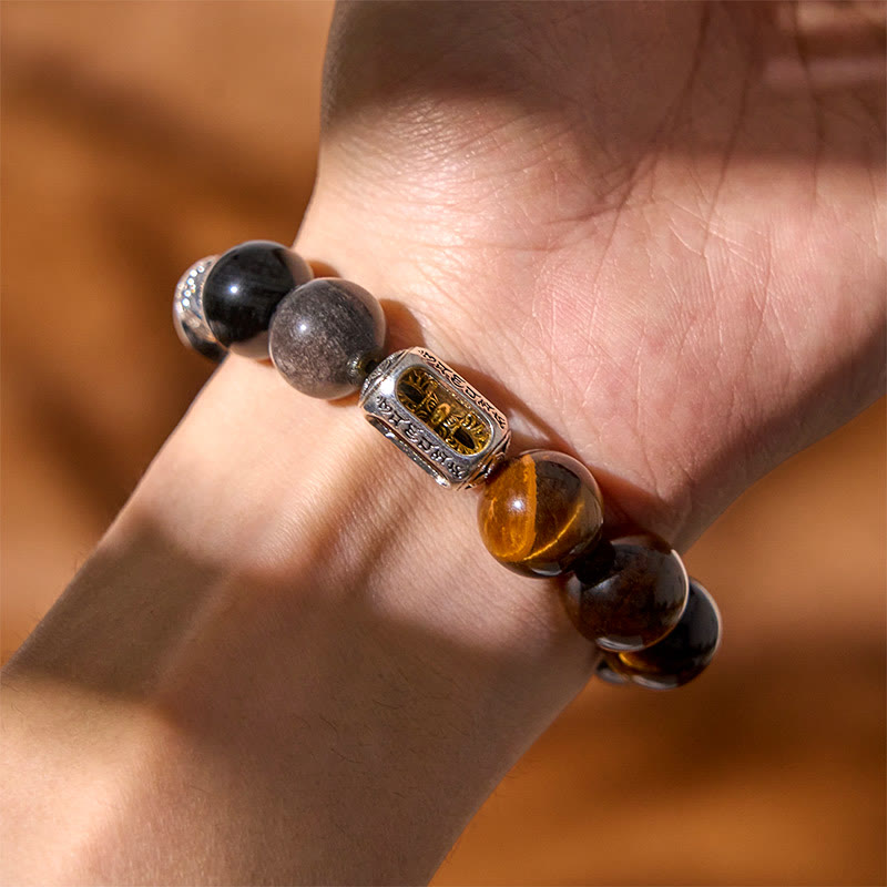Fortune Jewel Natural Silver Sheen Obsidian Tiger Eye Vajra Protection Bracelet