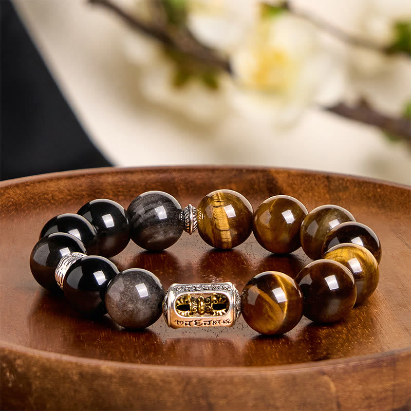 Fortune Jewel Natural Silver Sheen Obsidian Tiger Eye Vajra Protection Bracelet