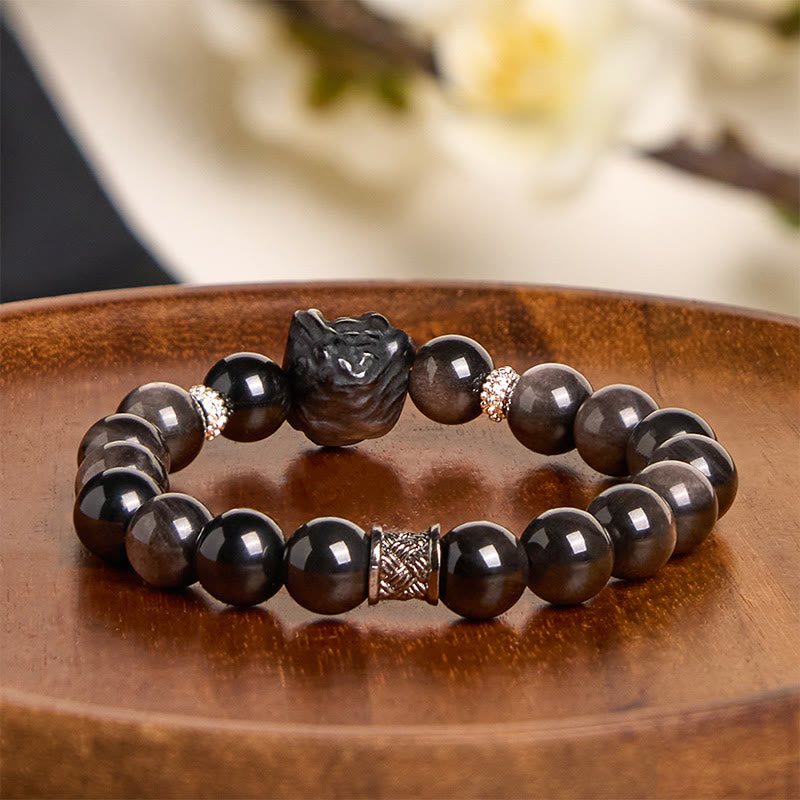 Fortune Jewel Natural Silver Sheen Obsidian Lion Dance Protection Bracelet