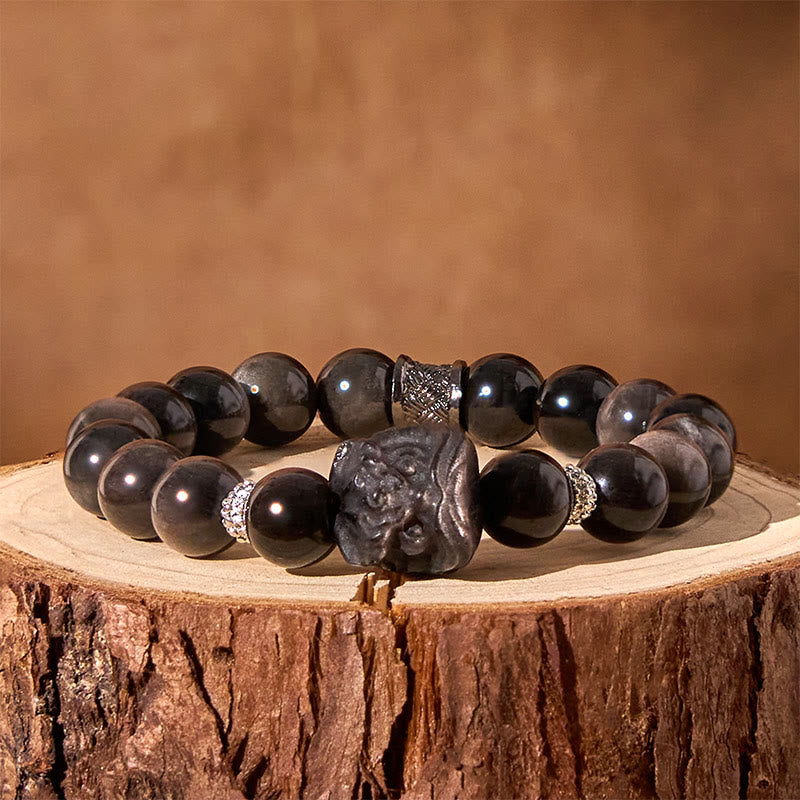 Fortune Jewel Natural Silver Sheen Obsidian Lion Dance Protection Bracelet