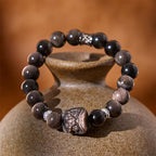 Fortune Jewel Natural Silver Sheen Obsidian Lion Dance Protection Bracelet