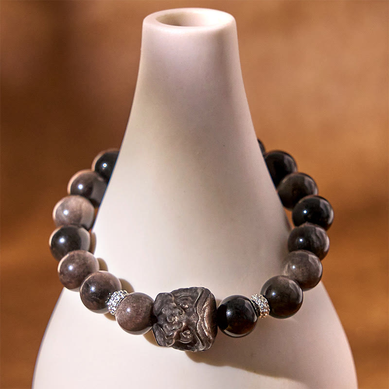 Fortune Jewel Natural Silver Sheen Obsidian Lion Dance Protection Bracelet