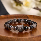 Fortune Jewel Natural Silver Sheen Obsidian Lion Dance Protection Bracelet