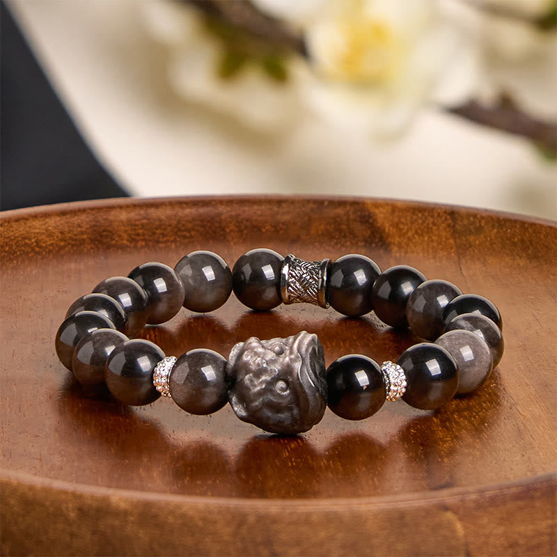 Fortune Jewel Natural Silver Sheen Obsidian Lion Dance Protection Bracelet