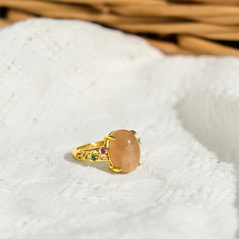 Fortune Jewel Hollow Vine Design Peach Moonstone Adjustable Happiness Ring