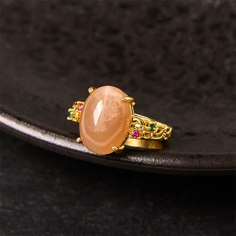 Fortune Jewel Hollow Vine Design Peach Moonstone Adjustable Happiness Ring