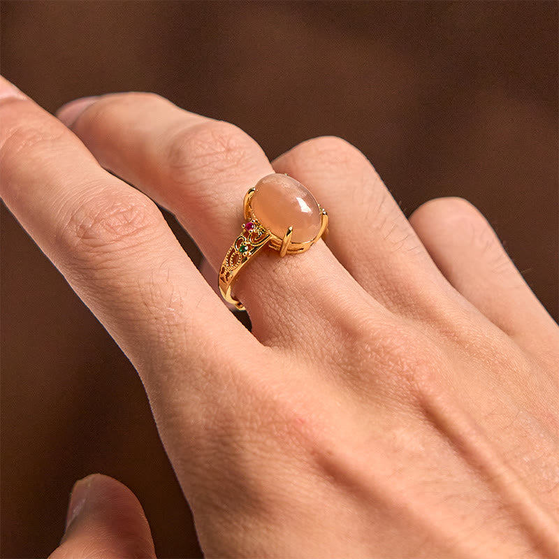 Fortune Jewel Hollow Vine Design Peach Moonstone Adjustable Happiness Ring