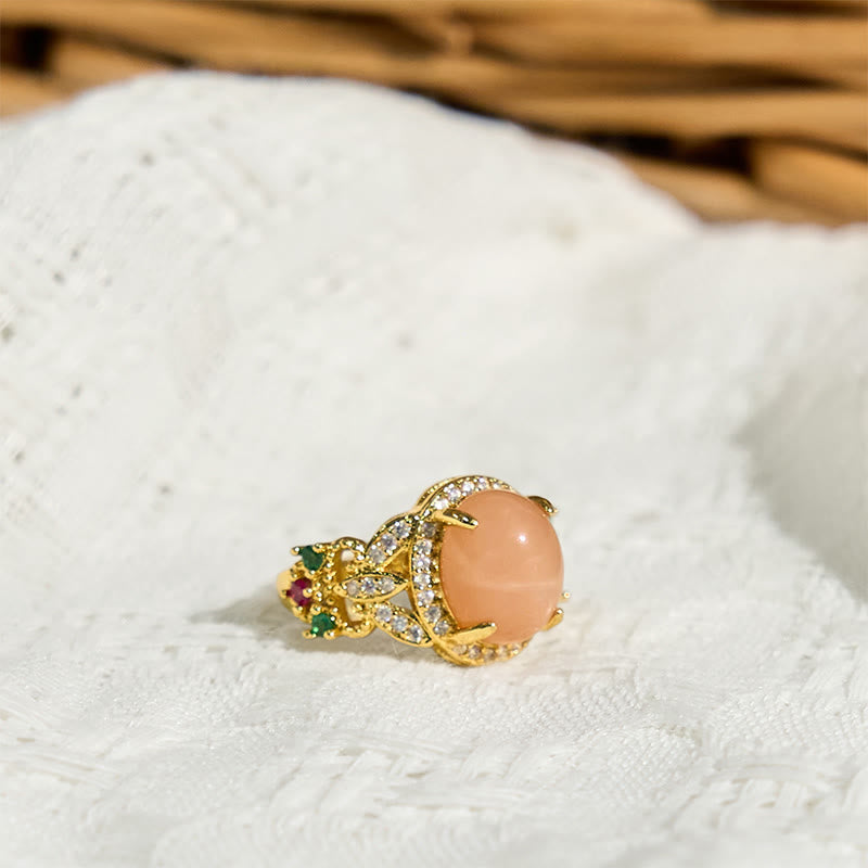 Fortune Jewel Vintage Prong Setting Four Leaf Flower Design Peach Moonstone Adjustable Soothing Ring