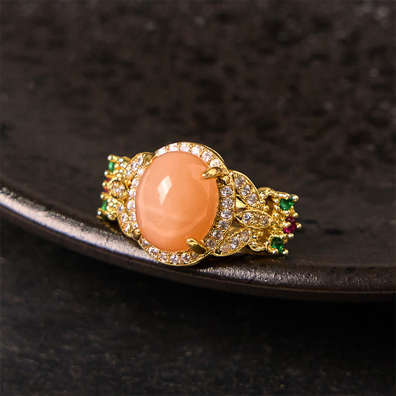 Fortune Jewel Vintage Prong Setting Four Leaf Flower Design Peach Moonstone Adjustable Soothing Ring