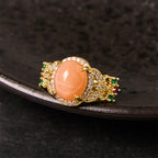 Fortune Jewel Vintage Prong Setting Four Leaf Flower Design Peach Moonstone Adjustable Soothing Ring