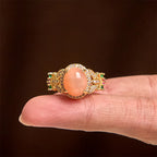 Fortune Jewel Vintage Prong Setting Four Leaf Flower Design Peach Moonstone Adjustable Soothing Ring