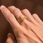 Fortune Jewel Vintage Prong Setting Four Leaf Flower Design Peach Moonstone Adjustable Soothing Ring