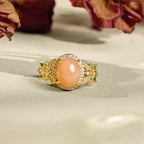 Fortune Jewel Vintage Prong Setting Four Leaf Flower Design Peach Moonstone Adjustable Soothing Ring