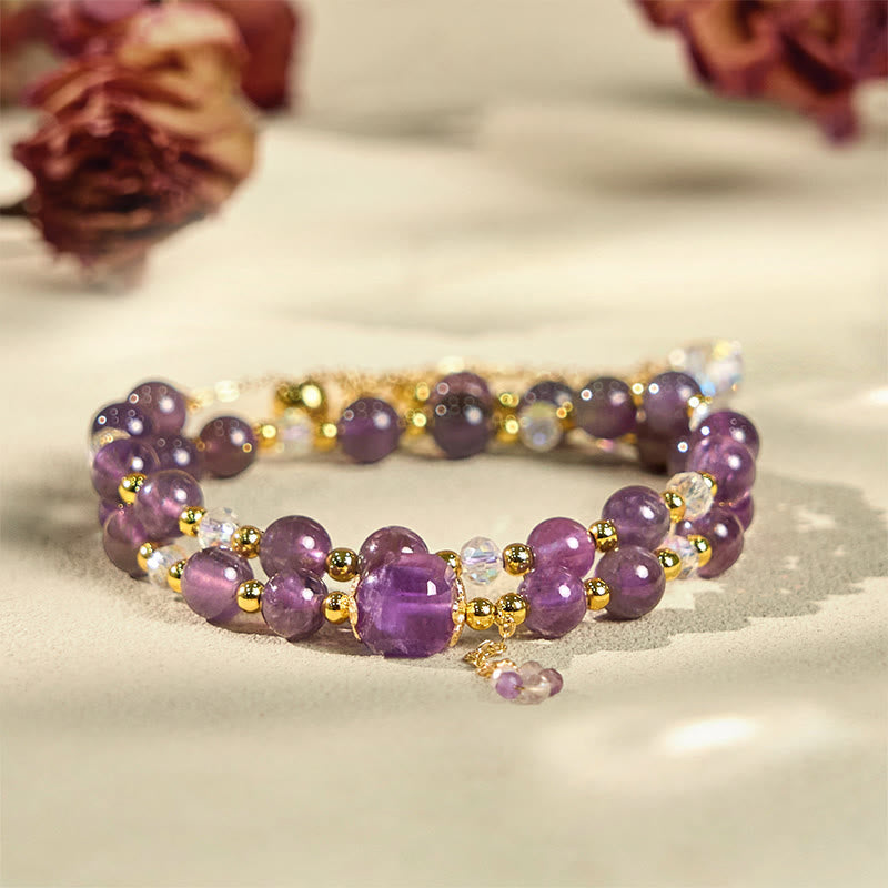 Fortune Jewel Natural Amethyst Square Bead Meditation Healing Double Wrap Bracelet