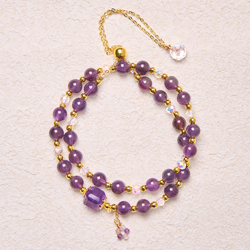 Fortune Jewel Natural Amethyst Square Bead Meditation Healing Double Wrap Bracelet