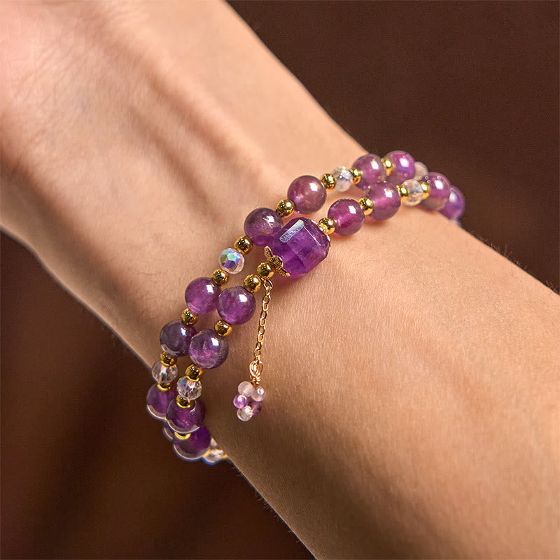 Fortune Jewel Natural Amethyst Square Bead Meditation Healing Double Wrap Bracelet