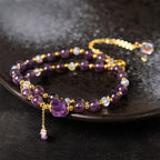 Fortune Jewel Natural Amethyst Square Bead Meditation Healing Double Wrap Bracelet
