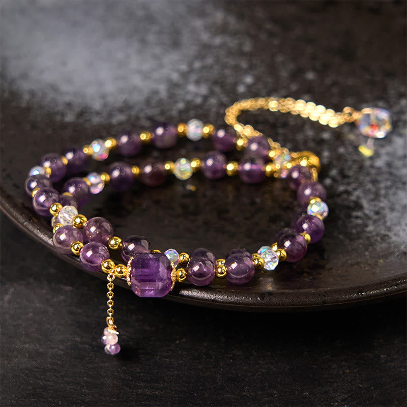 Fortune Jewel Natural Amethyst Square Bead Meditation Healing Double Wrap Bracelet