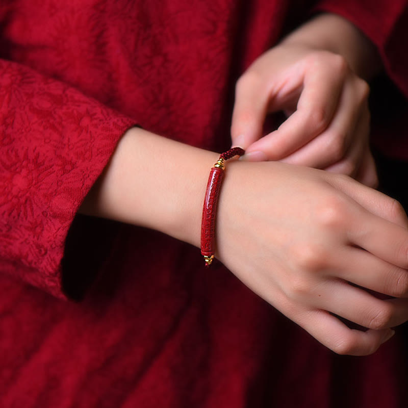 Fortune Jewel Handmade Cinnabar Om Mani Padme Hum Heart Sutra Blessing Braided Bracelet