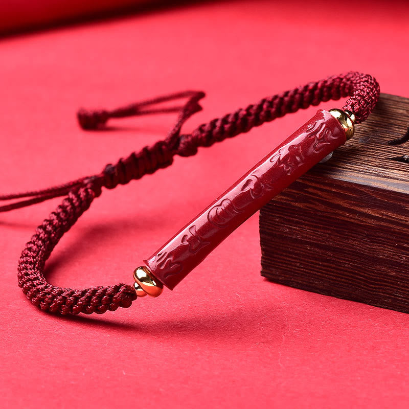 Fortune Jewel Handmade Cinnabar Om Mani Padme Hum Heart Sutra Blessing Braided Bracelet