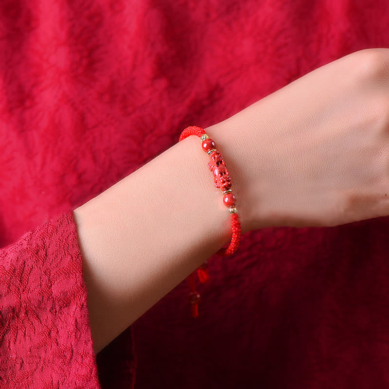 Fortune Jewel Handcrafted Pixiu Cinnabar Ruyi Stick Wealth Luck Braided Bracelet