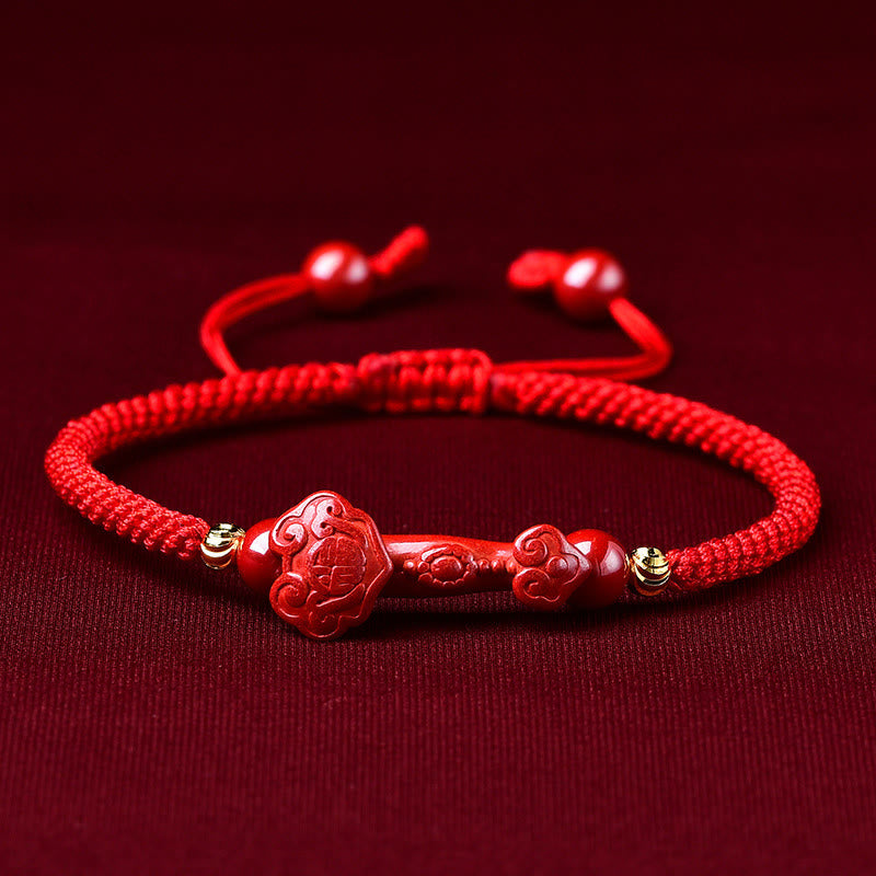 Fortune Jewel Handcrafted Pixiu Cinnabar Ruyi Stick Wealth Luck Braided Bracelet