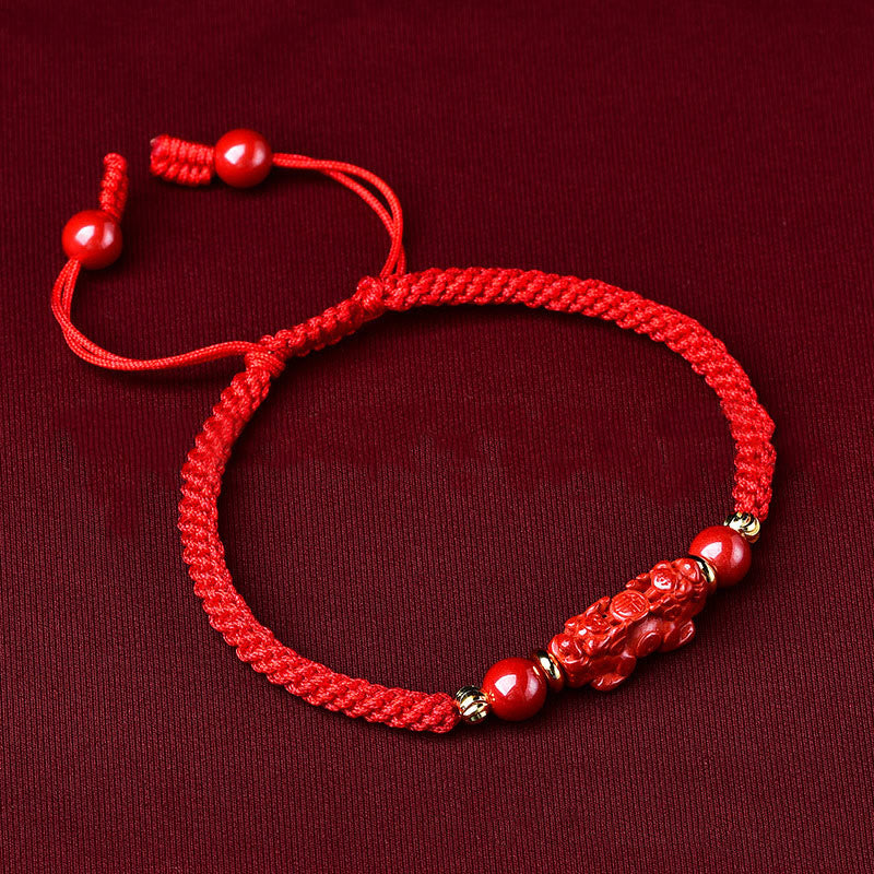 Fortune Jewel Handcrafted Pixiu Cinnabar Ruyi Stick Wealth Luck Braided Bracelet