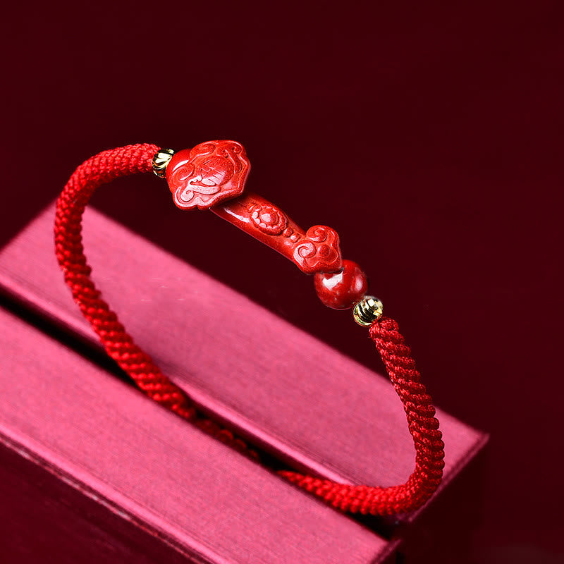 Fortune Jewel Handcrafted Pixiu Cinnabar Ruyi Stick Wealth Luck Braided Bracelet