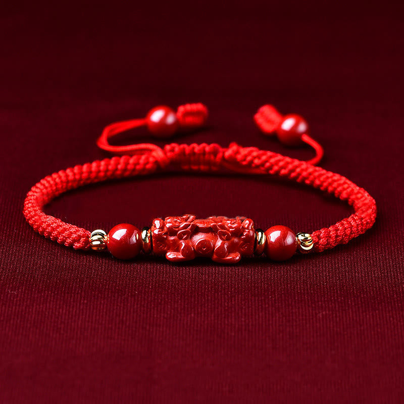 Fortune Jewel Handcrafted Pixiu Cinnabar Ruyi Stick Wealth Luck Braided Bracelet
